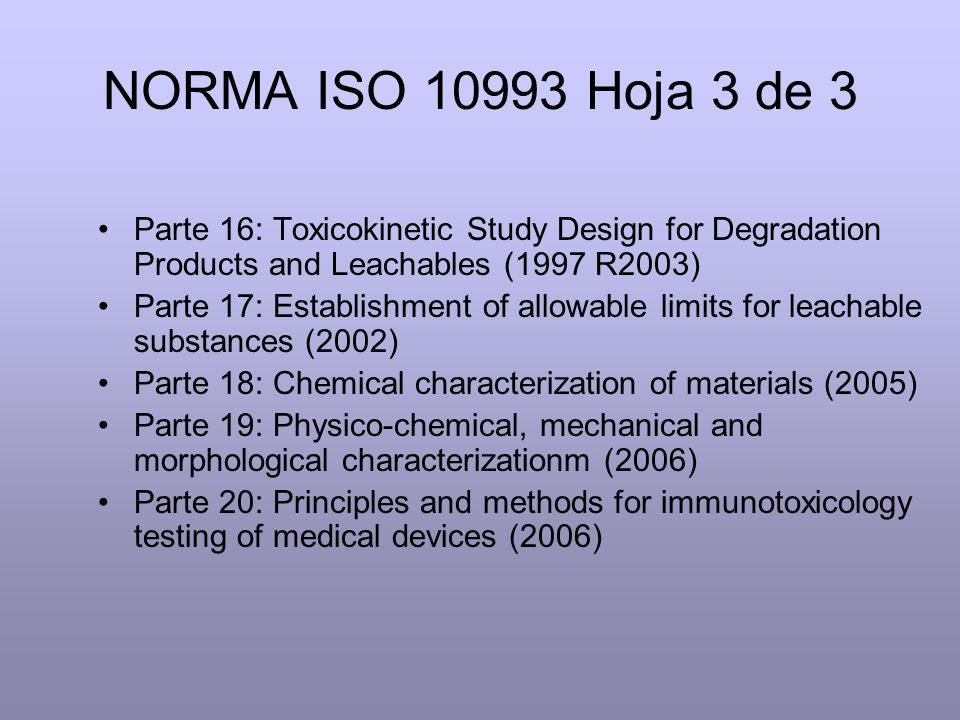 NORMA ISO Hoja 3 de 3 Parte 16: Toxicokinetic Study Design for Degradation Products and Leachables (1997 R2003)