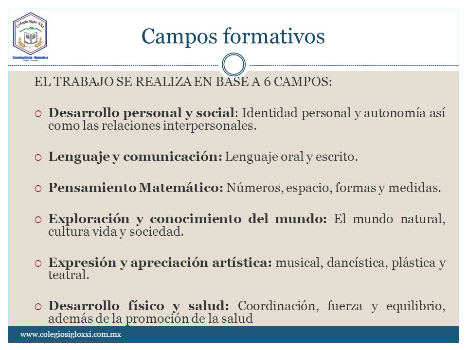 Campos formativos EL TRABAJO SE REALIZA EN BASE A 6 CAMPOS: