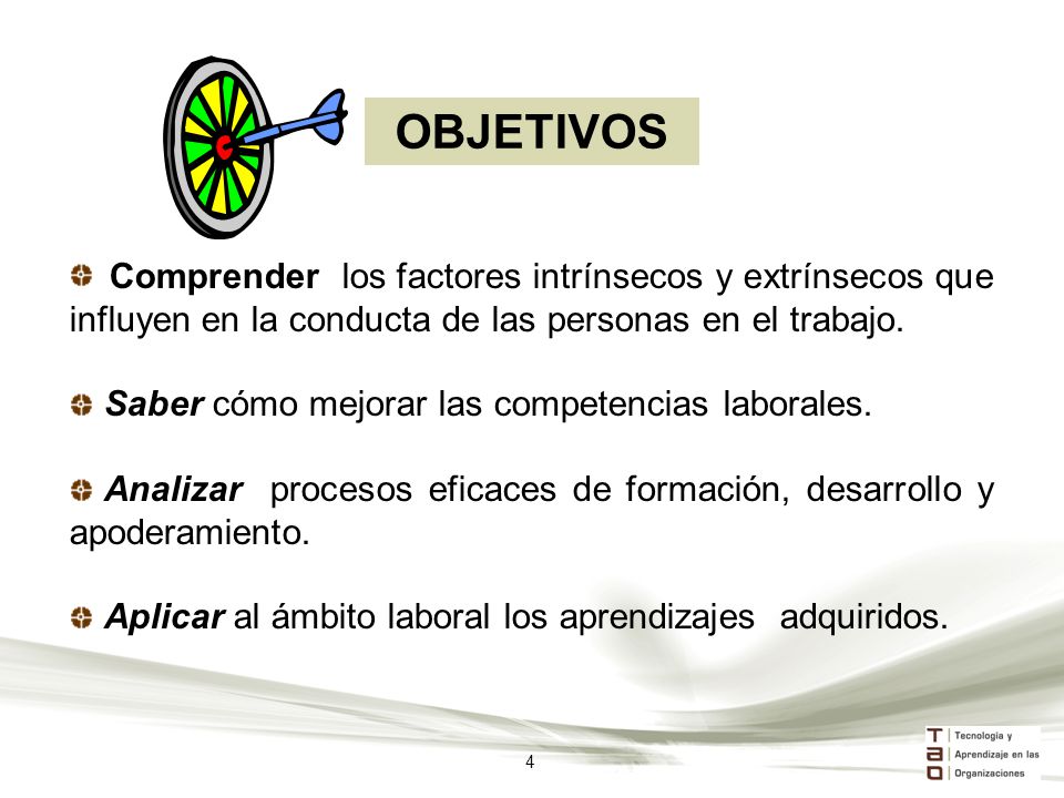 OBJETIVOS Comprender los factores intrínsecos y extrínsecos que influyen en la conducta de las personas en el trabajo.
