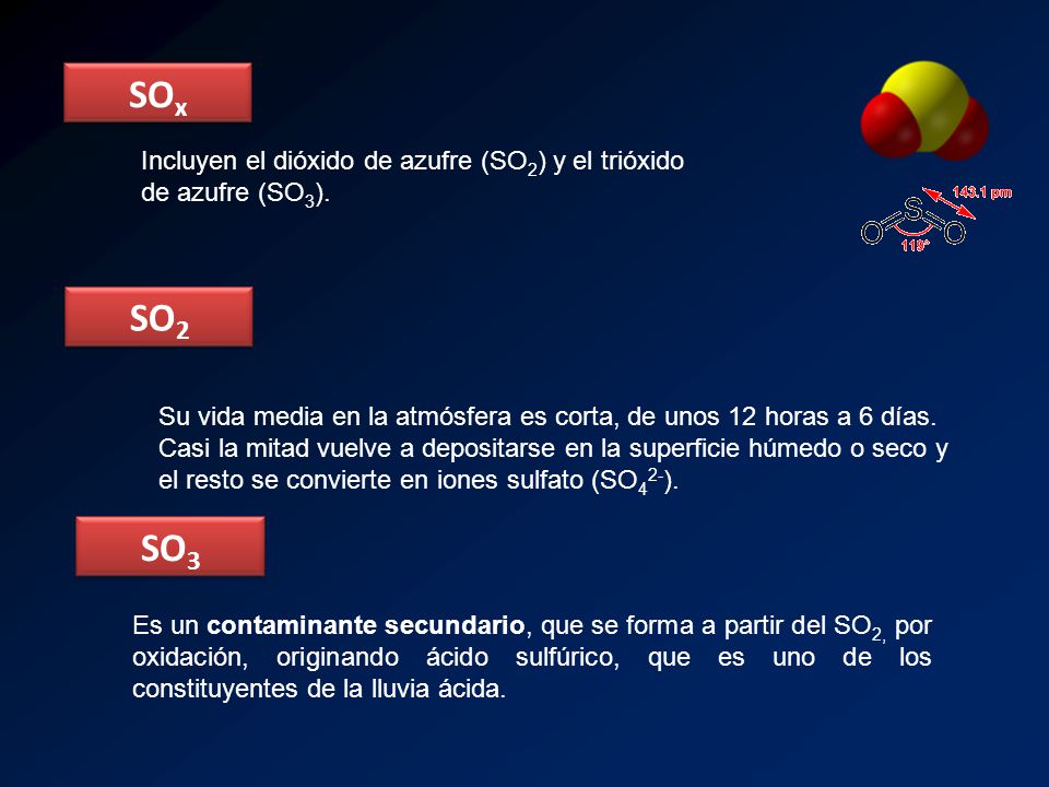 SOx Incluyen el dióxido de azufre (SO2) y el trióxido de azufre (SO3). SO2.