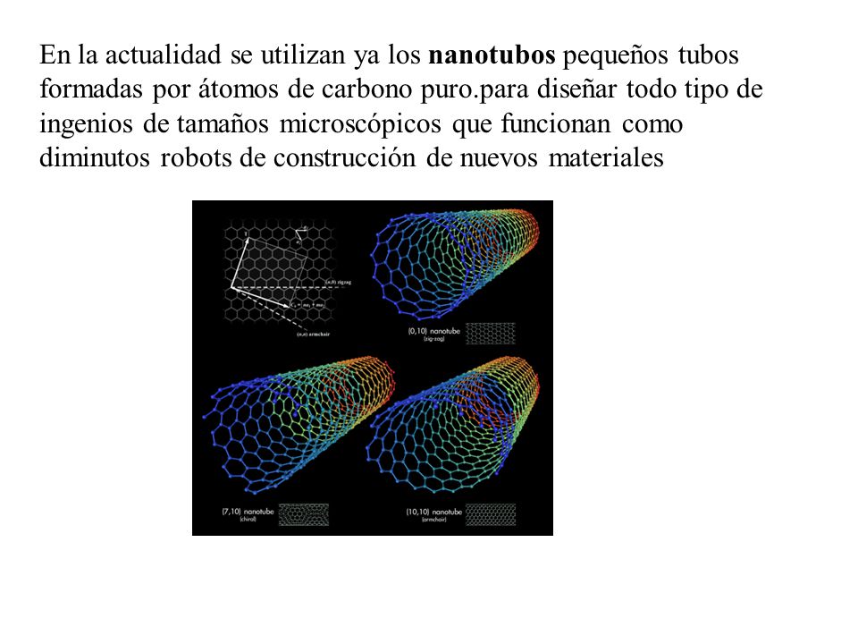 En la actualidad se utilizan ya los nanotubos pequeños tubos formadas por átomos de carbono puro.para diseñar todo tipo de ingenios de tamaños microscópicos que funcionan como diminutos robots de construcción de nuevos materiales