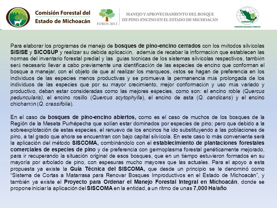 Para elaborar los programas de manejo de bosques de pino-encino cerrados con los métodos silvícolas SISISE y SICOSUP y realizar su debida aplicación, además de recabar la información que establecen las normas del inventario forestal predial y las guías técnicas de los sistemas silvícolas respectivos, también será necesario llevar a cabo previamente una identificación de las especies de encino que conforman el bosque a manejar, con el objeto de que al realizar los marqueos, éstos se hagan de preferencia en los individuos de las especies menos productivas y se promueva la permanencia más prolongada de los individuos de las especies que por su mayor crecimiento, mejor conformación y uso más variado y productivo, deban estar consideradas como las mejores especies, como son: el encino roble (Quercus peduncularis), el encino rosillo (Quercus scytophylla), el encino de asta (Q. candicans) y el encino chicharrón (Q. crassifolia).