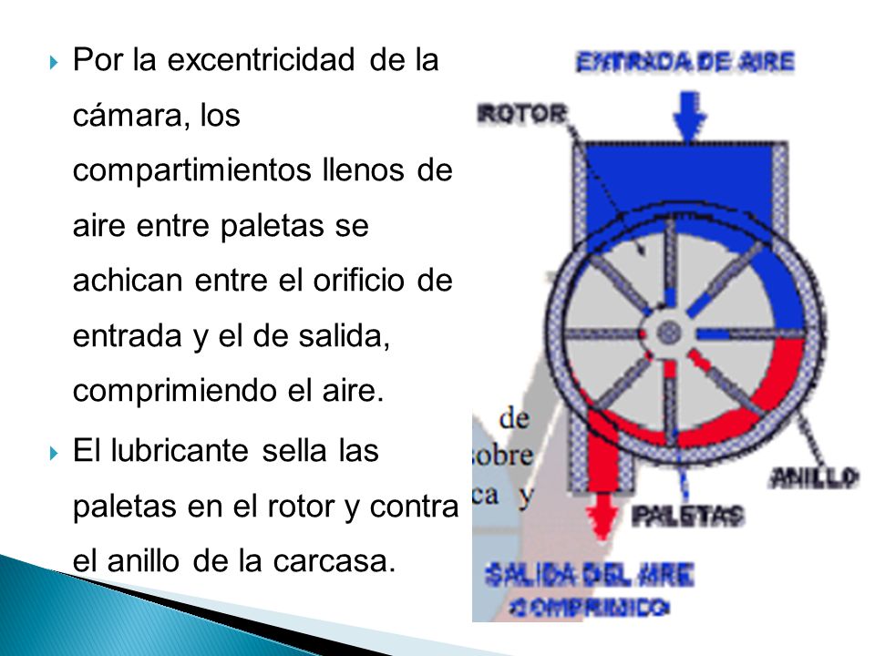 Por la excentricidad de la cámara, los compartimientos llenos de aire entre paletas se achican entre el orificio de entrada y el de salida, comprimiendo el aire.