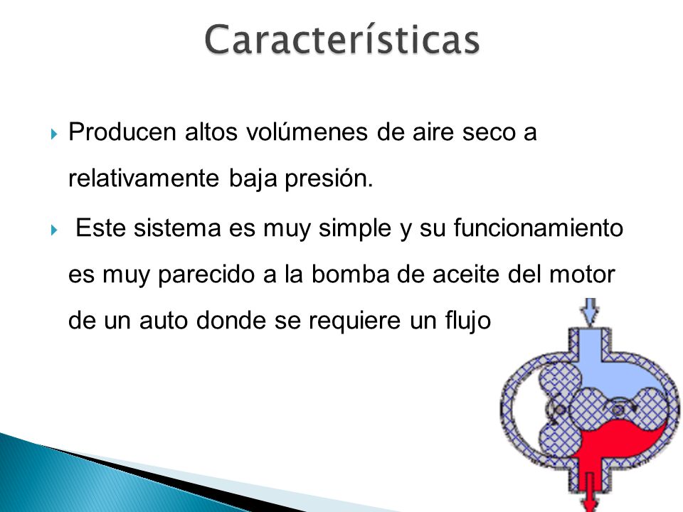 Características Producen altos volúmenes de aire seco a relativamente baja presión.