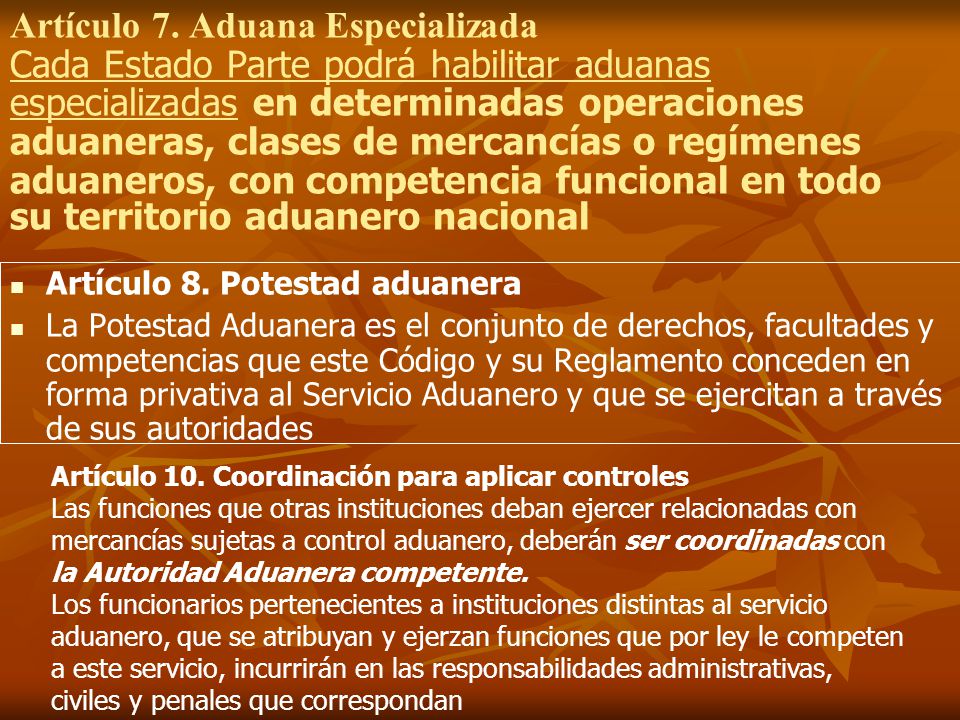 Artículo 7. Aduana Especializada Cada Estado Parte podrá habilitar aduanas especializadas en determinadas operaciones aduaneras, clases de mercancías o regímenes aduaneros, con competencia funcional en todo su territorio aduanero nacional