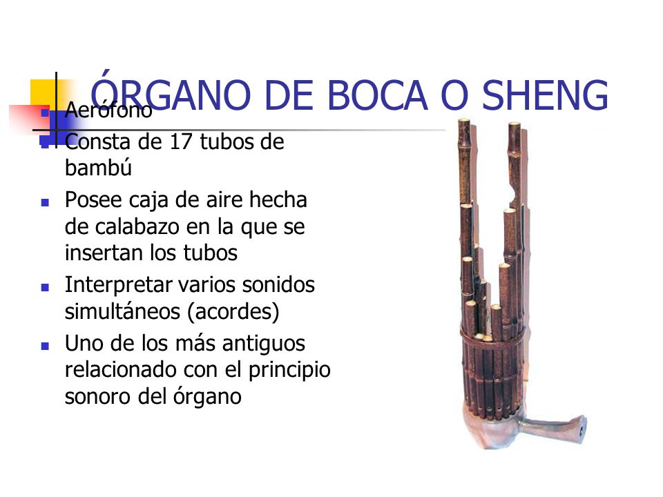 ÓRGANO DE BOCA O SHENG Aerófono Consta de 17 tubos de bambú
