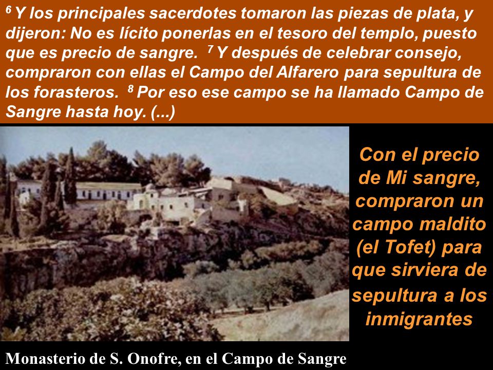 6 Y los principales sacerdotes tomaron las piezas de plata, y dijeron: No es lícito ponerlas en el tesoro del templo, puesto que es precio de sangre. 7 Y después de celebrar consejo, compraron con ellas el Campo del Alfarero para sepultura de los forasteros. 8 Por eso ese campo se ha llamado Campo de Sangre hasta hoy. (...)