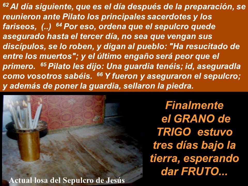 62 Al día siguiente, que es el día después de la preparación, se reunieron ante Pilato los principales sacerdotes y los fariseos, (..) 64 Por eso, ordena que el sepulcro quede asegurado hasta el tercer día, no sea que vengan sus discípulos, se lo roben, y digan al pueblo: Ha resucitado de entre los muertos ; y el último engaño será peor que el primero. 65 Pilato les dijo: Una guardia tenéis; id, aseguradla como vosotros sabéis. 66 Y fueron y aseguraron el sepulcro; y además de poner la guardia, sellaron la piedra.