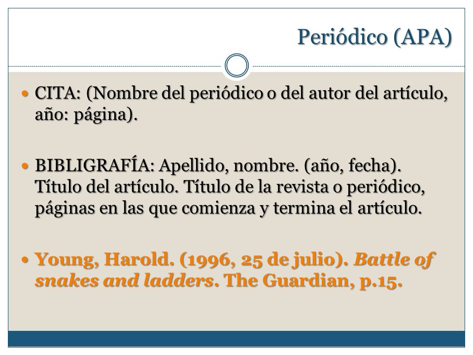 Periódico (APA) CITA: (Nombre del periódico o del autor del artículo, año: página).