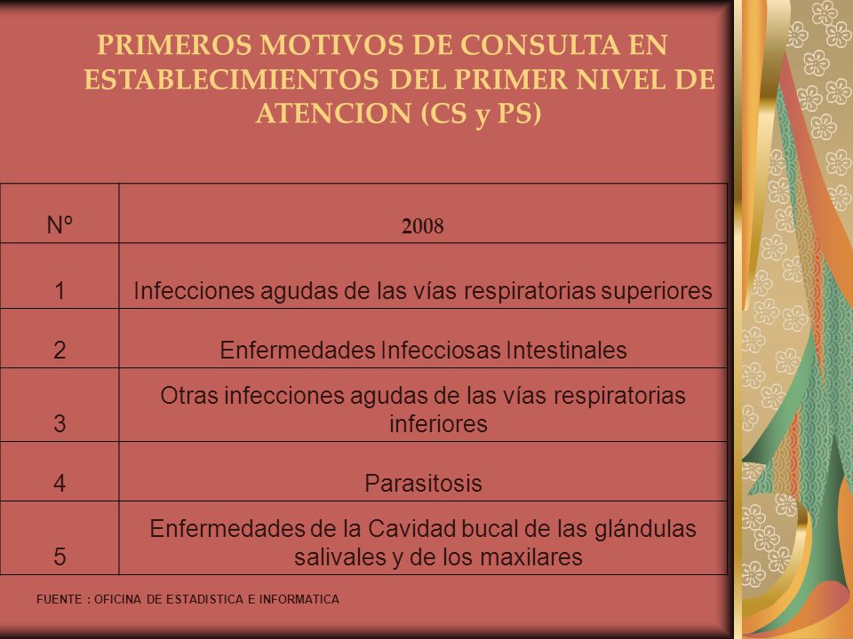 PRIMEROS MOTIVOS DE CONSULTA EN ESTABLECIMIENTOS DEL PRIMER NIVEL DE ATENCION (CS y PS)