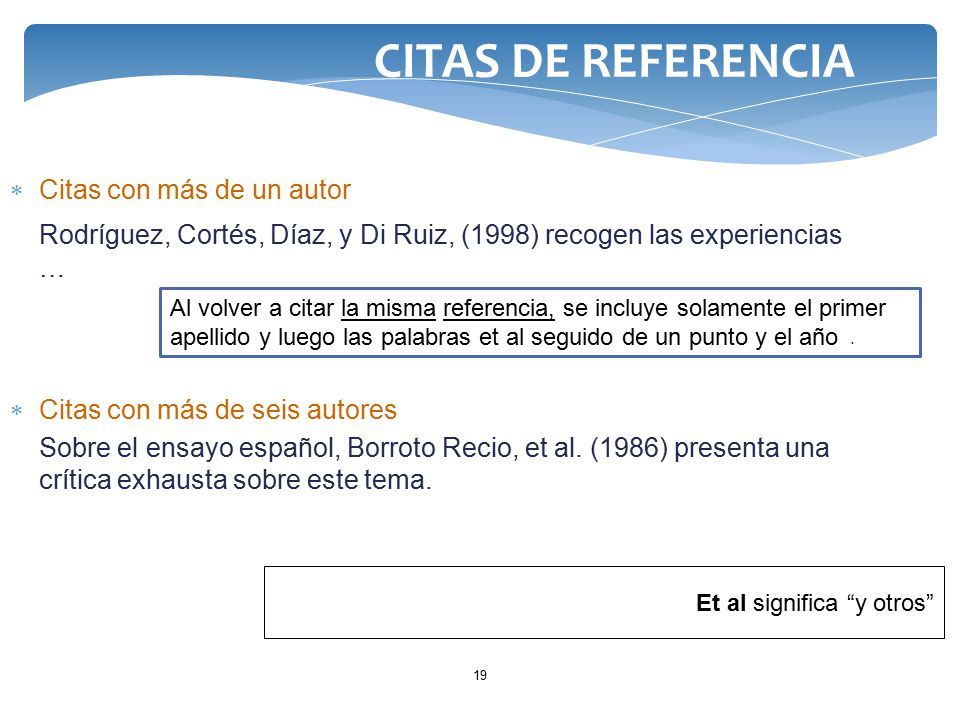 CITAS DE REFERENCIA Citas con más de un autor. Rodríguez, Cortés, Díaz, y Di Ruiz, (1998) recogen las experiencias …
