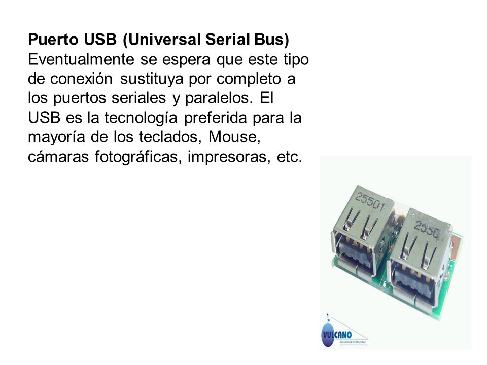 Puerto USB (Universal Serial Bus) Eventualmente se espera que este tipo de conexión sustituya por completo a los puertos seriales y paralelos.