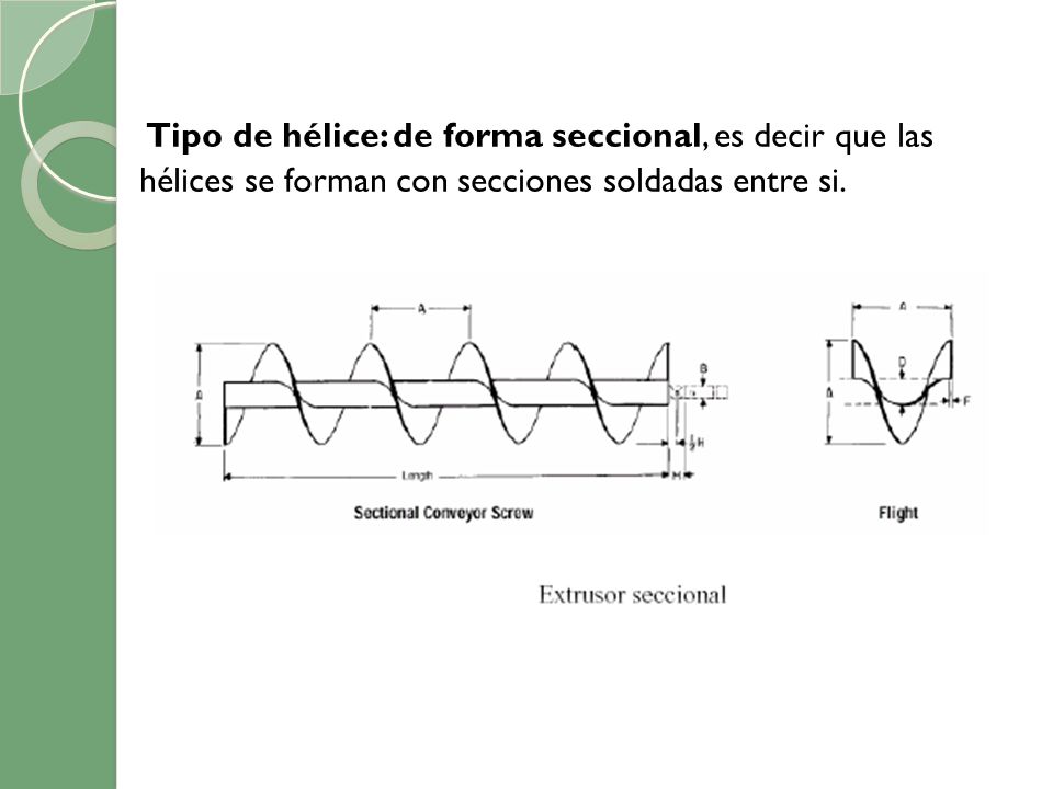 Tipo de hélice: de forma seccional, es decir que las hélices se forman con secciones soldadas entre si.