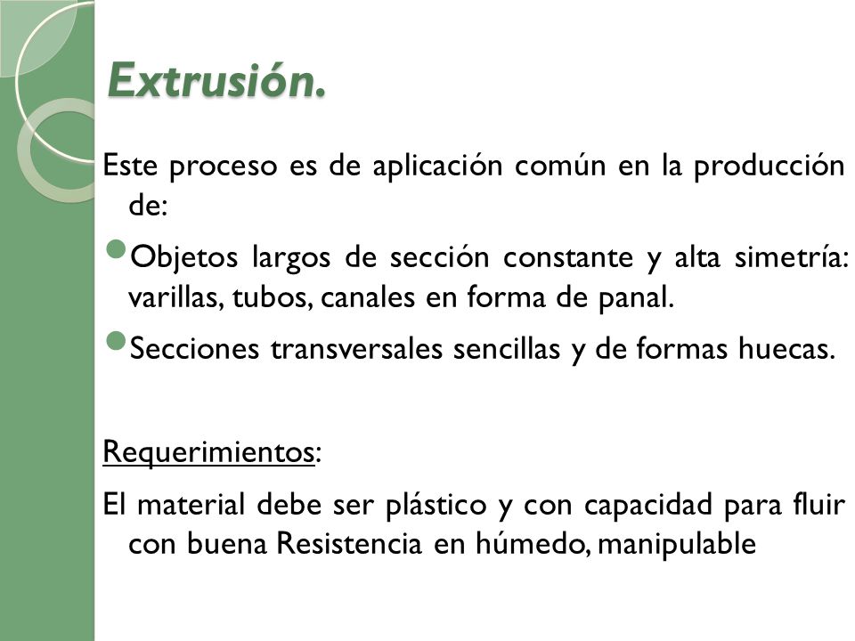 Extrusión. Este proceso es de aplicación común en la producción de: