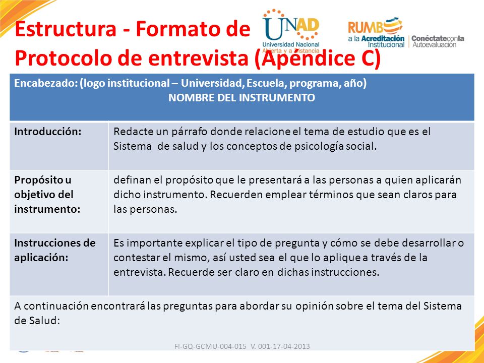 Estructura - Formato de Protocolo de entrevista (Apéndice C)