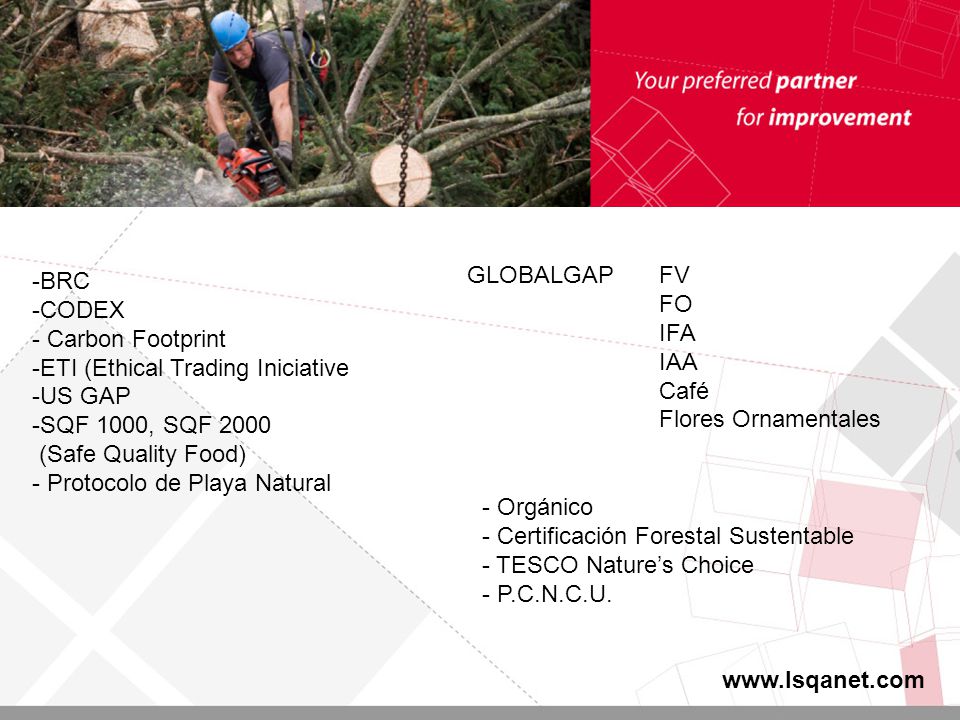 BRC CODEX. - Carbon Footprint. ETI (Ethical Trading Iniciative. US GAP. SQF 1000, SQF (Safe Quality Food)