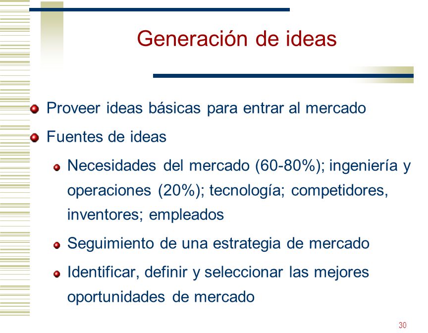 Generación de ideas Proveer ideas básicas para entrar al mercado