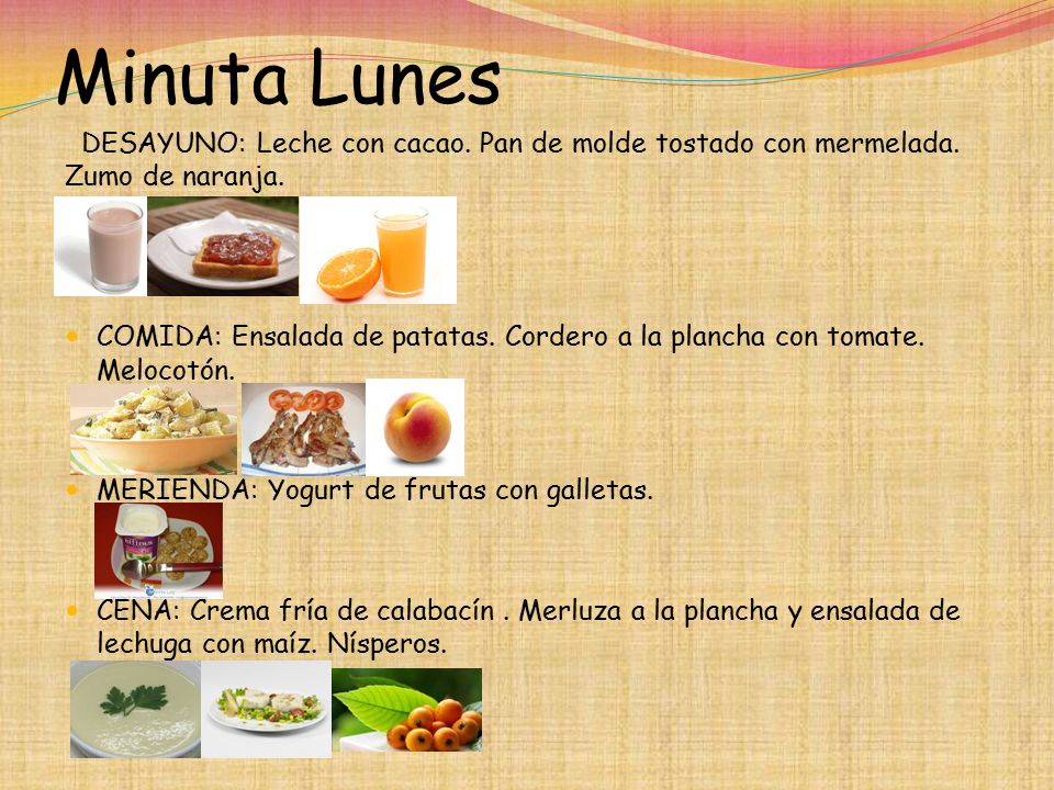 Minuta Lunes DESAYUNO: Leche con cacao. Pan de molde tostado con mermelada. Zumo de naranja.