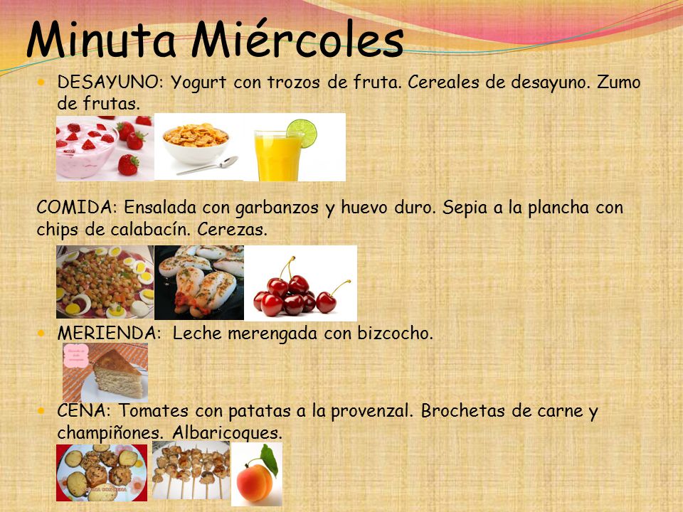 Minuta Miércoles DESAYUNO: Yogurt con trozos de fruta. Cereales de desayuno. Zumo de frutas.
