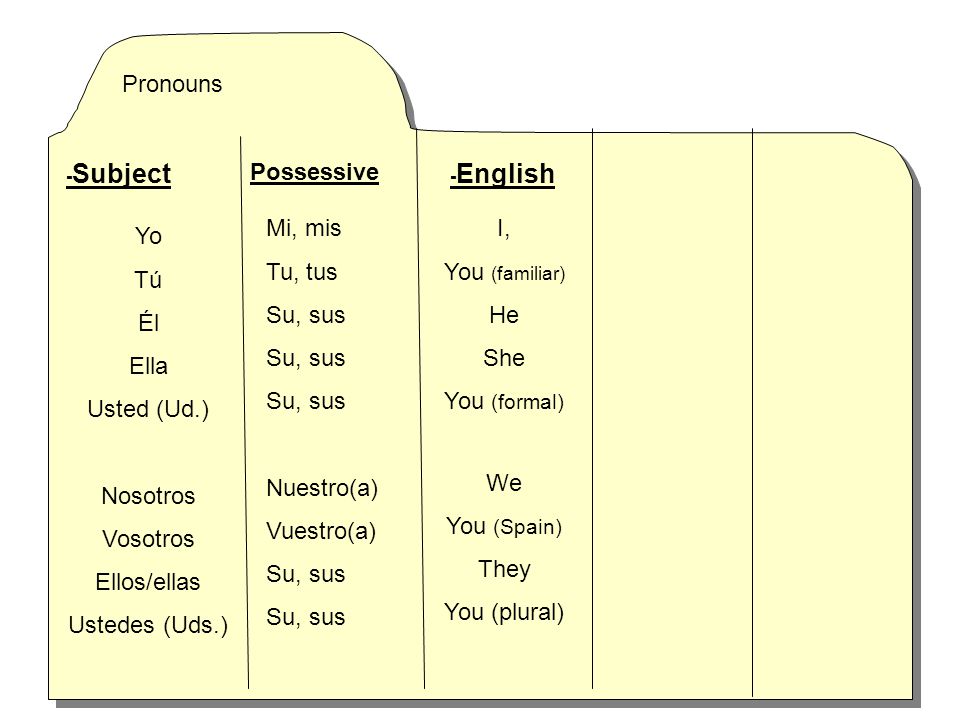 Pronouns Possessive Mi, mis Tu, tus Su, sus Nuestro(a) Vuestro(a) I,