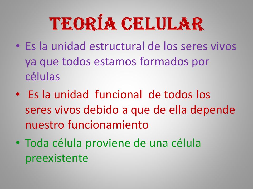 Teoría Celular Es la unidad estructural de los seres vivos ya que todos estamos formados por células.