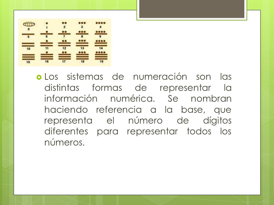 Los sistemas de numeración son las distintas formas de representar la información numérica.