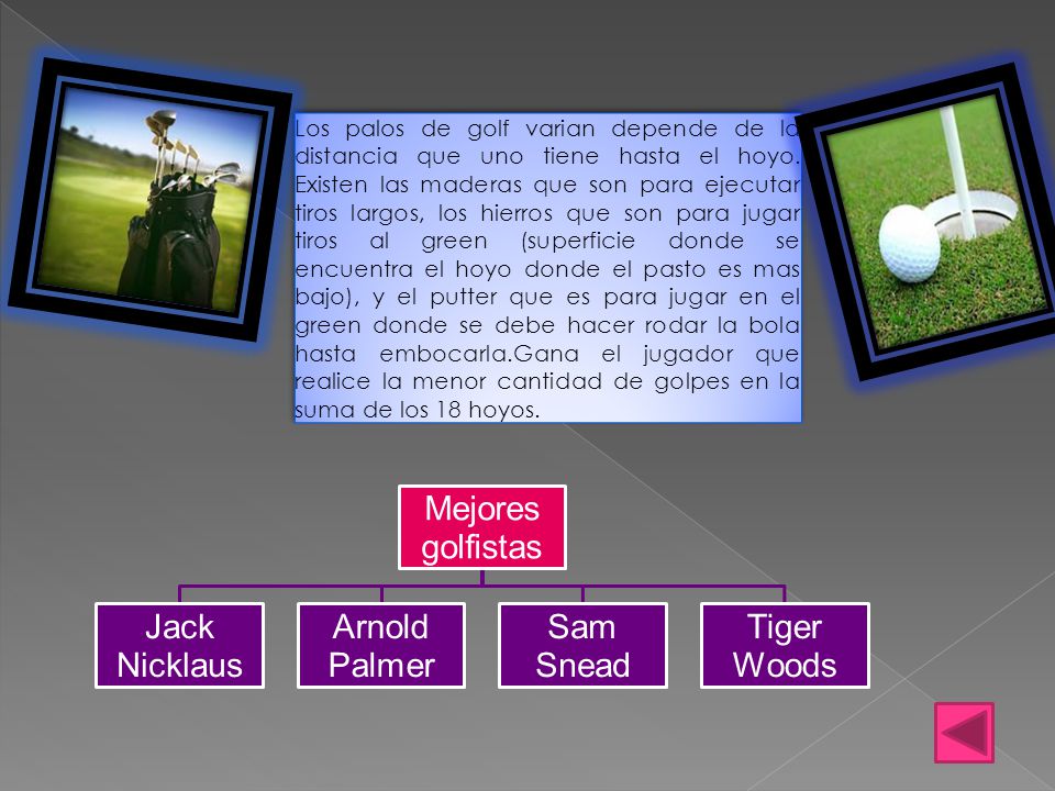 Los palos de golf varian depende de la distancia que uno tiene hasta el hoyo. Existen las maderas que son para ejecutar tiros largos, los hierros que son para jugar tiros al green (superficie donde se encuentra el hoyo donde el pasto es mas bajo), y el putter que es para jugar en el green donde se debe hacer rodar la bola hasta embocarla.Gana el jugador que realice la menor cantidad de golpes en la suma de los 18 hoyos.
