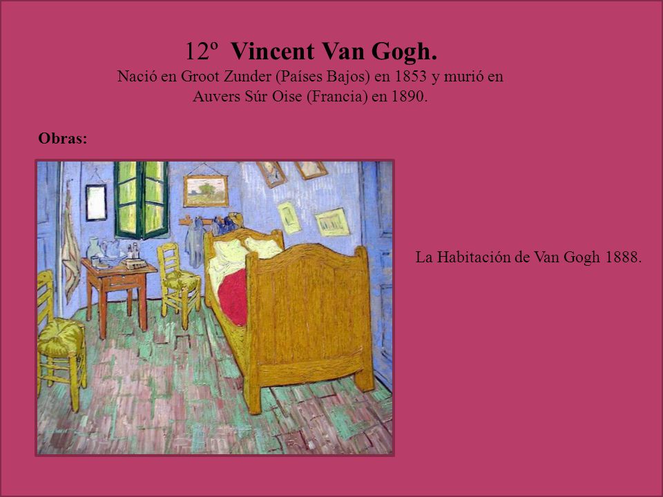 12º Vincent Van Gogh. Nació en Groot Zunder (Países Bajos) en 1853 y murió en Auvers Súr Oise (Francia) en