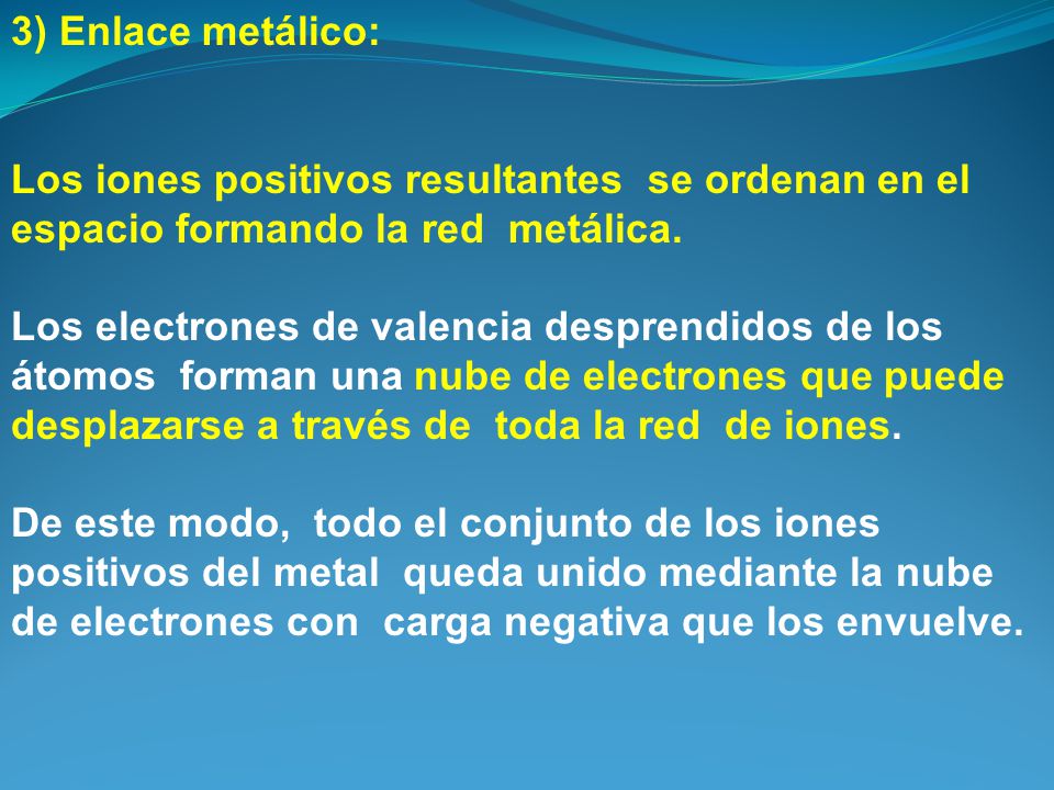3) Enlace metálico: Los iones positivos resultantes se ordenan en el espacio formando la red metálica.
