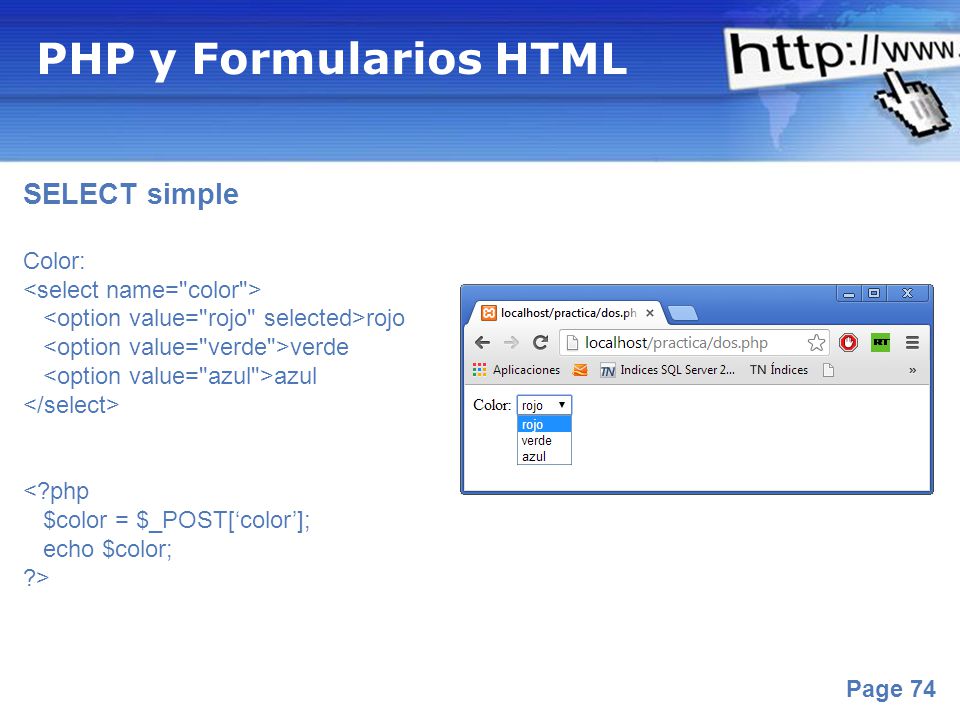 PHP y Formularios HTML SELECT simple Color: