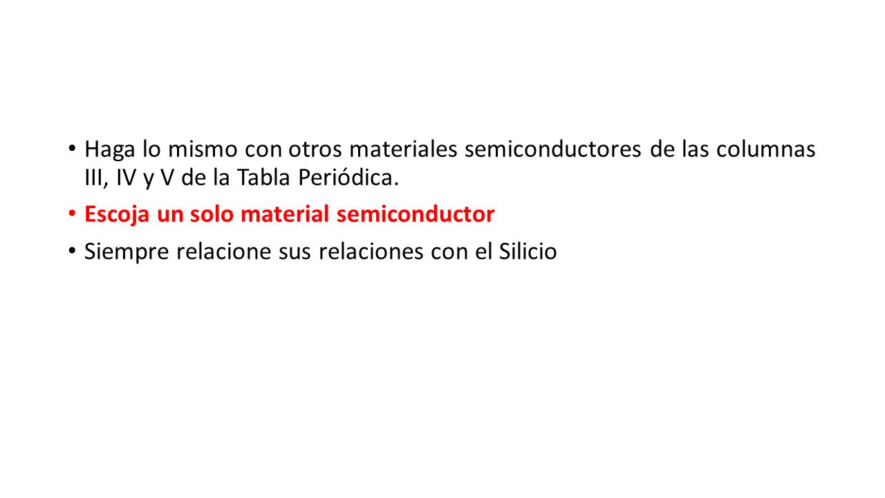 Haga lo mismo con otros materiales semiconductores de las columnas III, IV y V de la Tabla Periódica.