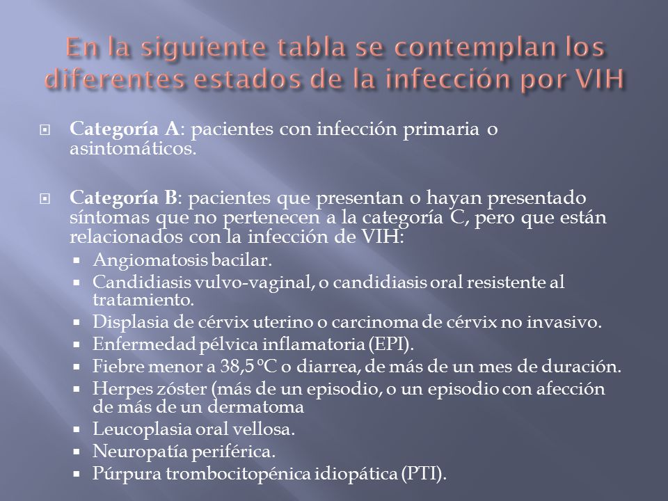 En la siguiente tabla se contemplan los diferentes estados de la infección por VIH
