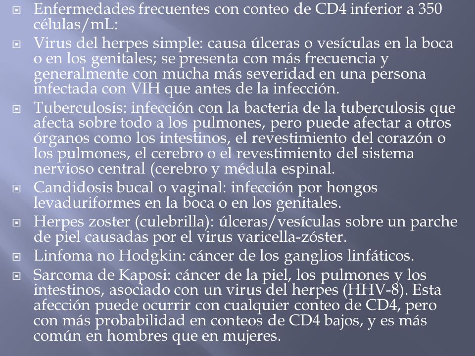 Enfermedades frecuentes con conteo de CD4 inferior a 350 células/mL: