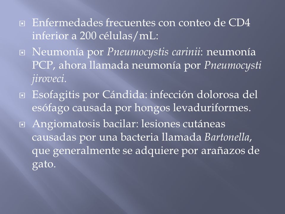 Enfermedades frecuentes con conteo de CD4 inferior a 200 células/mL: