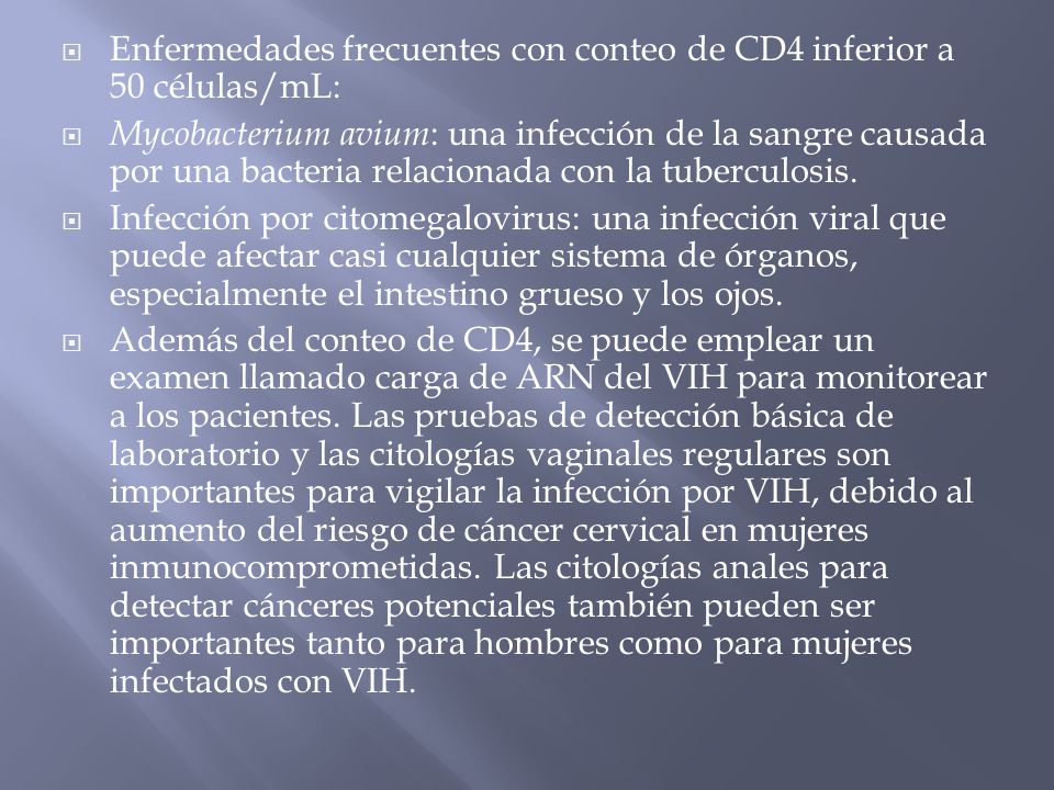 Enfermedades frecuentes con conteo de CD4 inferior a 50 células/mL: