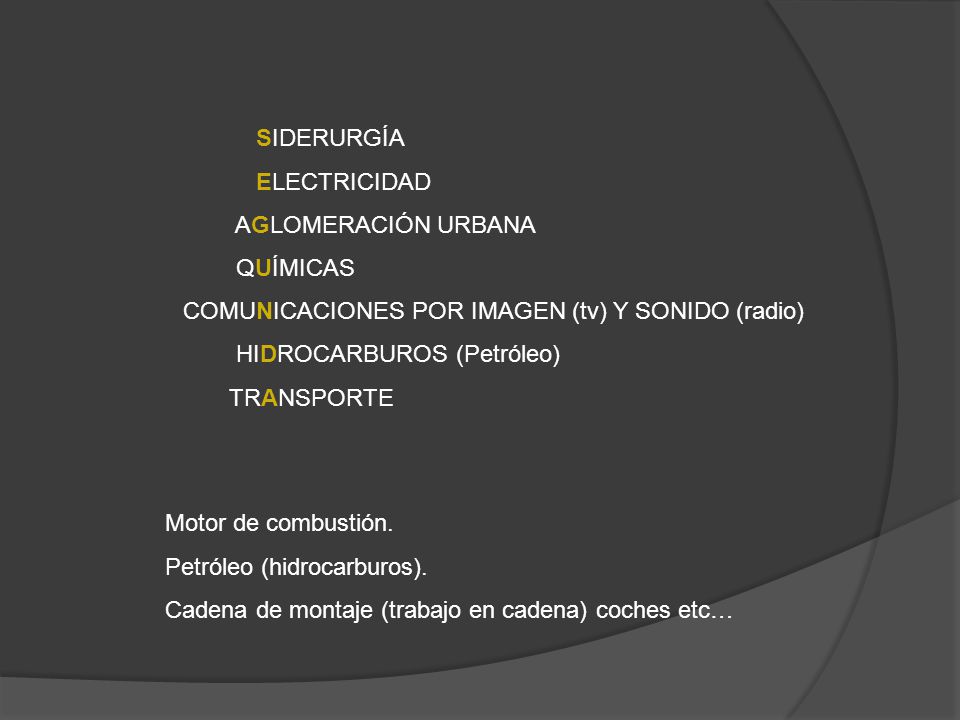 SIDERURGÍA ELECTRICIDAD. AGLOMERACIÓN URBANA. QUÍMICAS. COMUNICACIONES POR IMAGEN (tv) Y SONIDO (radio)