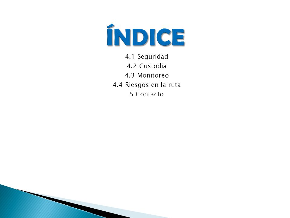 ÍNDICE 4.1 Seguridad 4.2 Custodia 4.3 Monitoreo 4.4 Riesgos en la ruta 5 Contacto