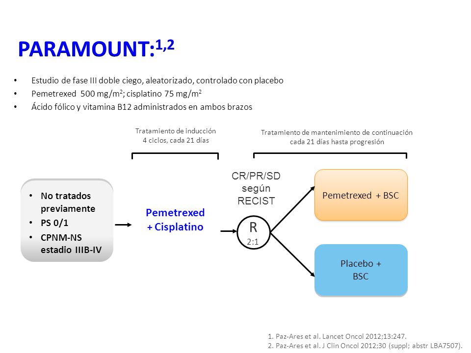 PARAMOUNT:1,2 R 2:1 Pemetrexed CR/PR/SD según RECIST Pemetrexed + BSC