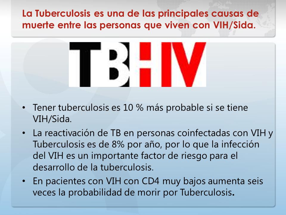 La Tuberculosis es una de las principales causas de muerte entre las personas que viven con VIH/Sida.