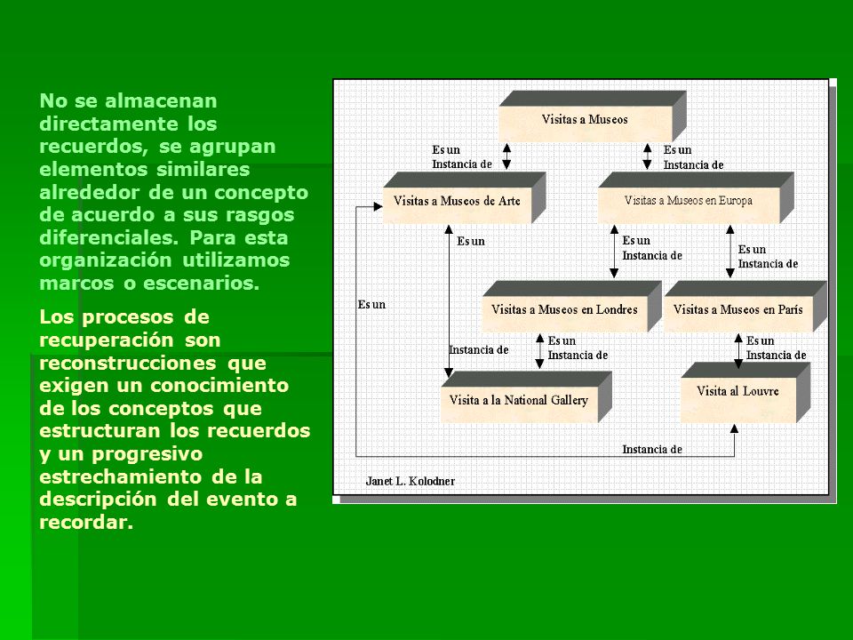 No se almacenan directamente los recuerdos, se agrupan elementos similares alrededor de un concepto de acuerdo a sus rasgos diferenciales. Para esta organización utilizamos marcos o escenarios.