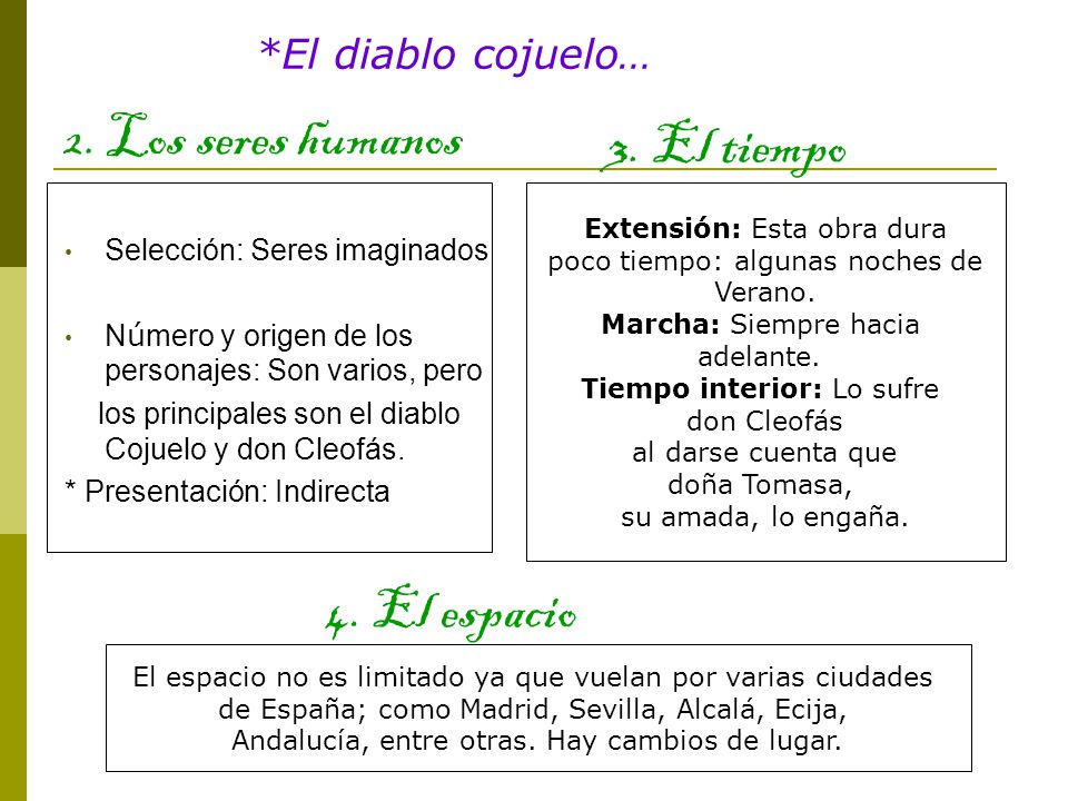 2. Los seres humanos 3. El tiempo 4. El espacio *El diablo cojuelo…
