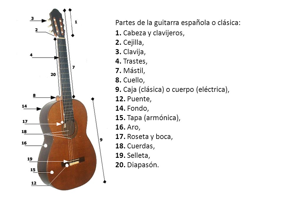 Partes de la guitarra española o clásica: 1. Cabeza y clavijeros, 2