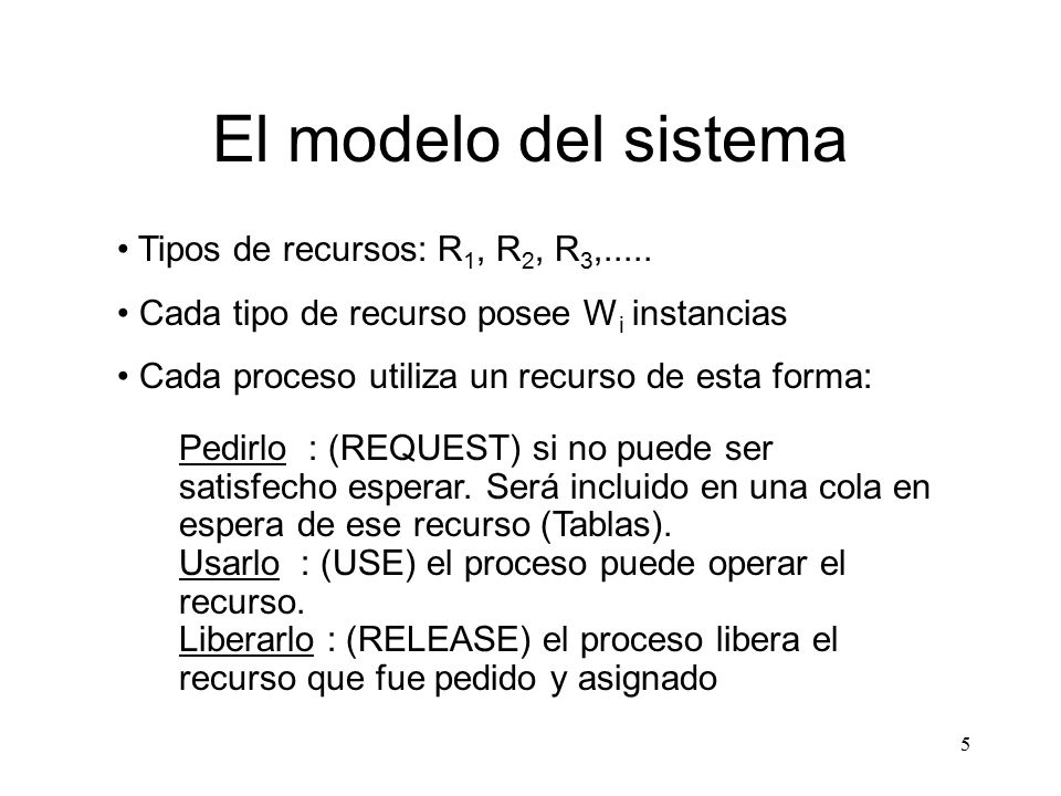 El modelo del sistema Tipos de recursos: R1, R2, R3,.....