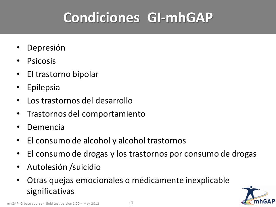 Condiciones GI-mhGAP Depresión Psicosis El trastorno bipolar Epilepsia