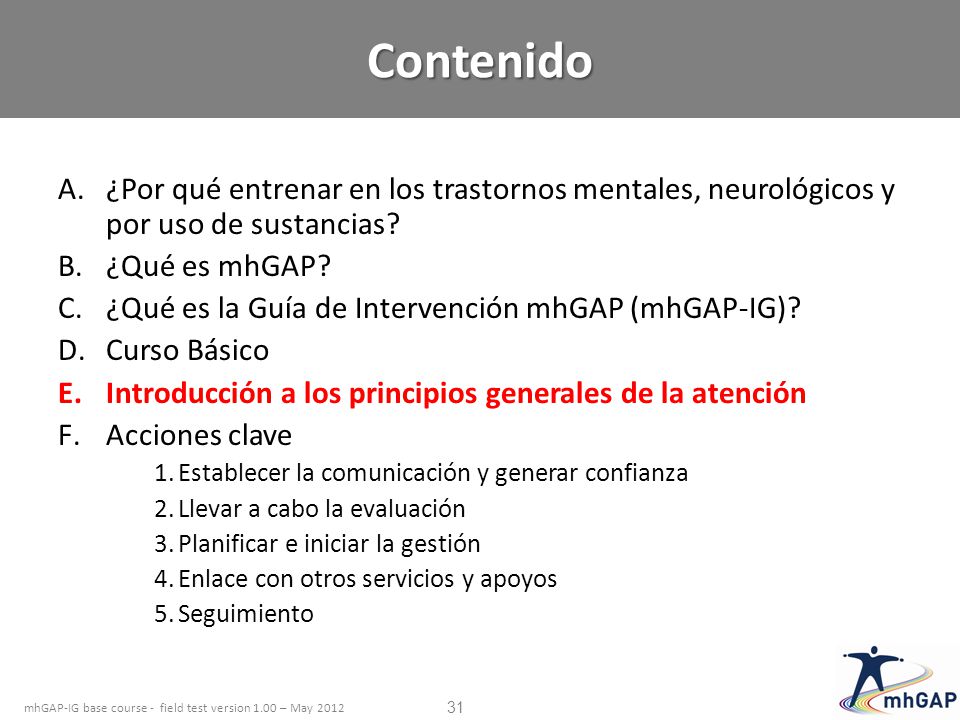 Contenido ¿Por qué entrenar en los trastornos mentales, neurológicos y por uso de sustancias ¿Qué es mhGAP