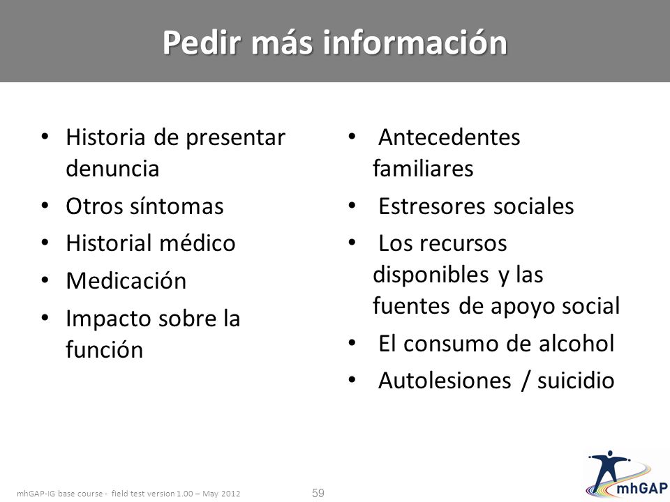 Pedir más información Historia de presentar denuncia Otros síntomas
