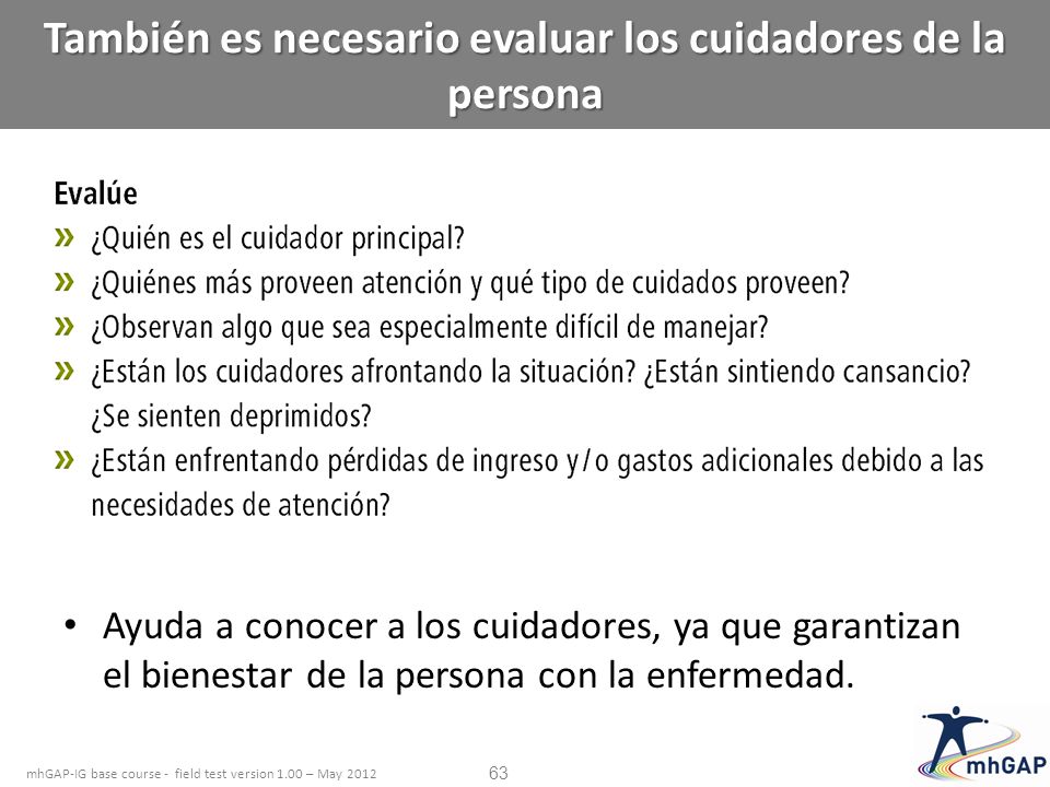 También es necesario evaluar los cuidadores de la persona