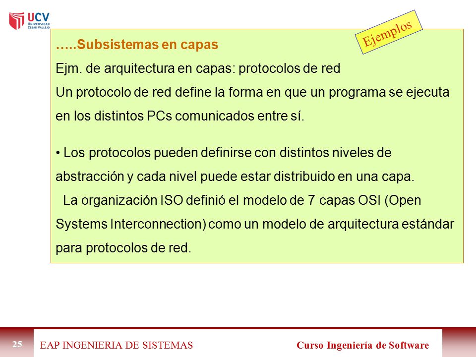 Ejemplos …..Subsistemas en capas. Ejm. de arquitectura en capas: protocolos de red.