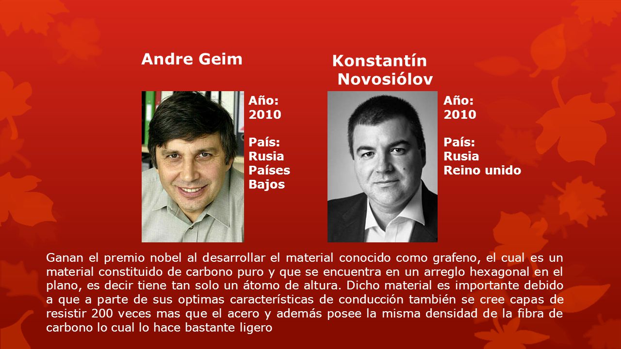 Andre Geim Konstantín Novosiólov Año: 2010 País: Rusia Países Bajos