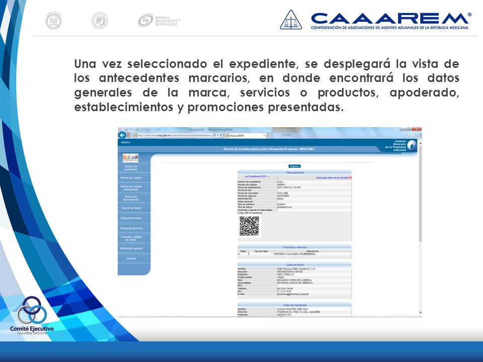 Una vez seleccionado el expediente, se desplegará la vista de los antecedentes marcarios, en donde encontrará los datos generales de la marca, servicios o productos, apoderado, establecimientos y promociones presentadas.